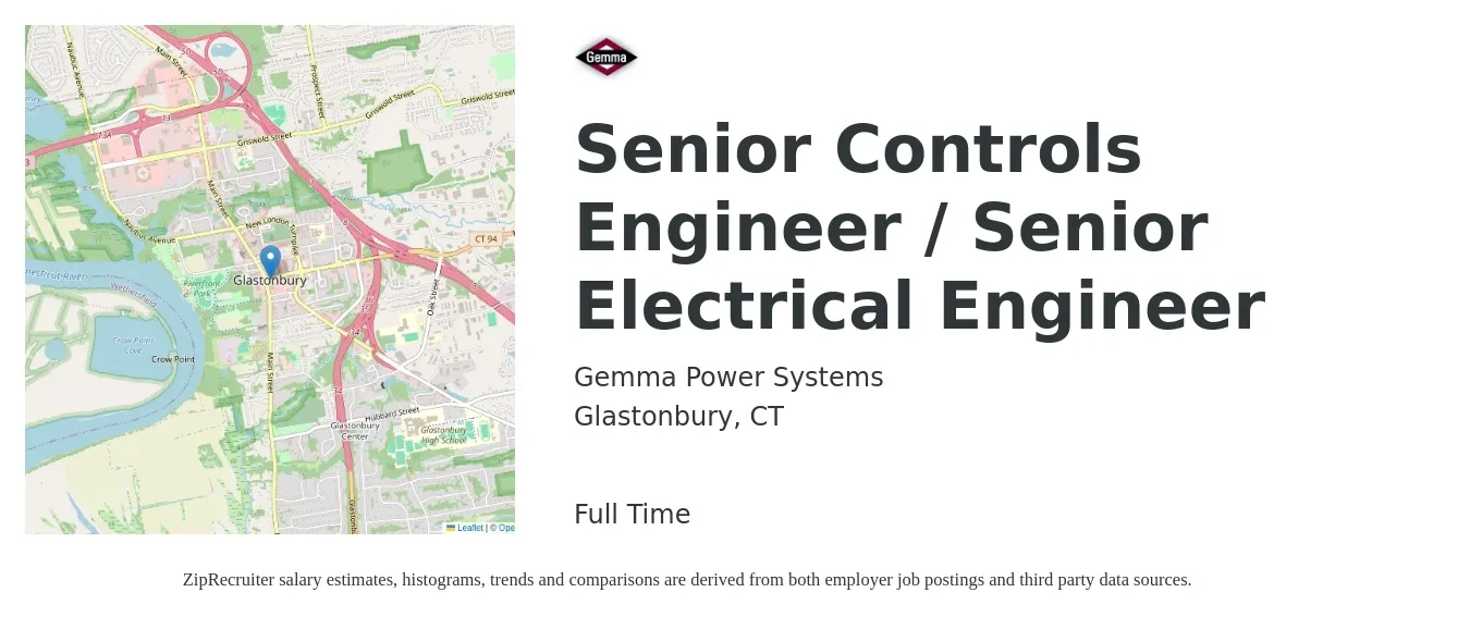 Gemma Power Systems job posting for a Senior Controls Engineer / Senior Electrical Engineer in Glastonbury, CT with a salary of $107,500 to $139,900 Yearly with a map of Glastonbury location.