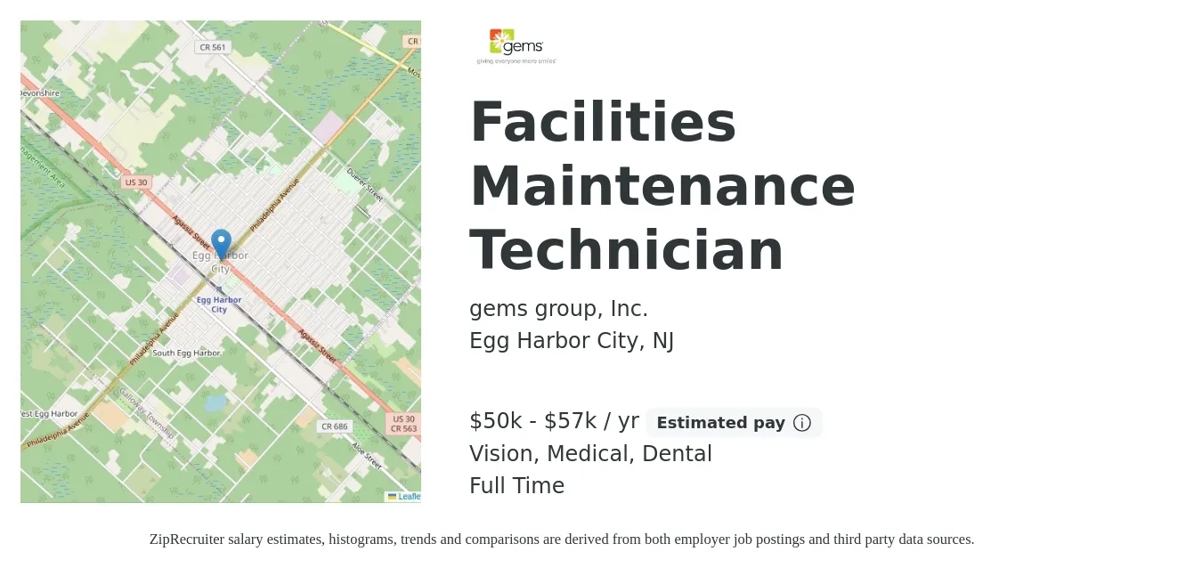 gems group, Inc. job posting for a Facilities Maintenance Technician in Egg Harbor City, NJ with a salary of $50,000 to $57,000 Yearly and benefits including dental, life_insurance, medical, pto, retirement, and vision with a map of Egg Harbor City location.