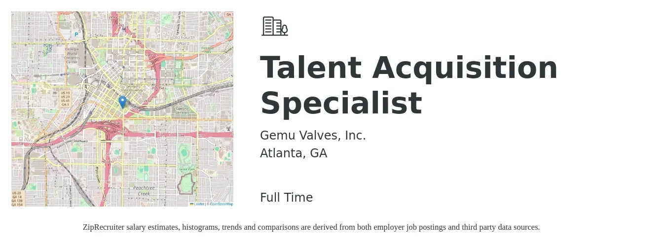 Gemu Valves, Inc. job posting for a Talent Acquisition Specialist in Atlanta, GA with a salary of $48,100 to $67,300 Yearly with a map of Atlanta location.
