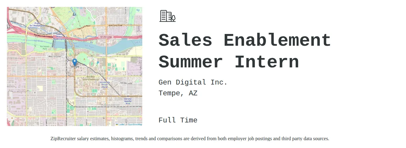 Gen Digital Inc. job posting for a Sales Enablement Summer Intern in Tempe, AZ with a salary of $14 to $20 Hourly with a map of Tempe location.