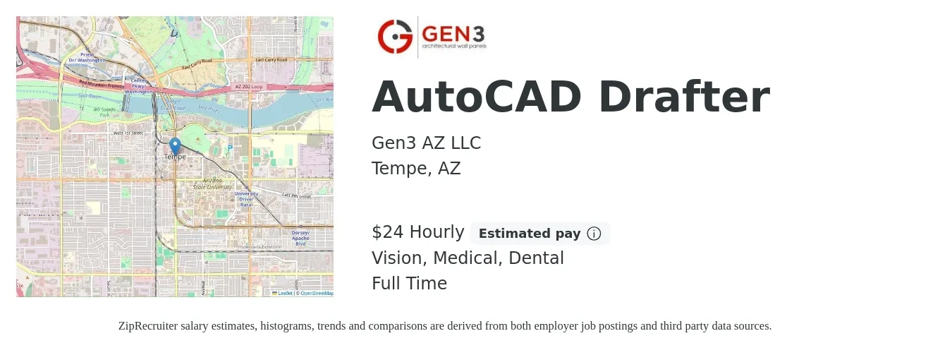 Gen3 AZ LLC job posting for a AutoCAD Drafter in Tempe, AZ with a salary of $25 Hourly and benefits including medical, pto, retirement, vision, dental, and life_insurance with a map of Tempe location.