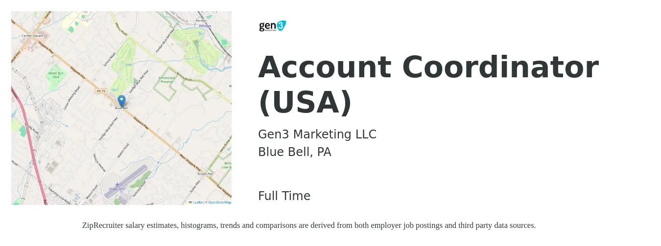 Gen3 Marketing LLC job posting for a Account Coordinator (USA) in Blue Bell, PA with a salary of $19 to $25 Hourly with a map of Blue Bell location.