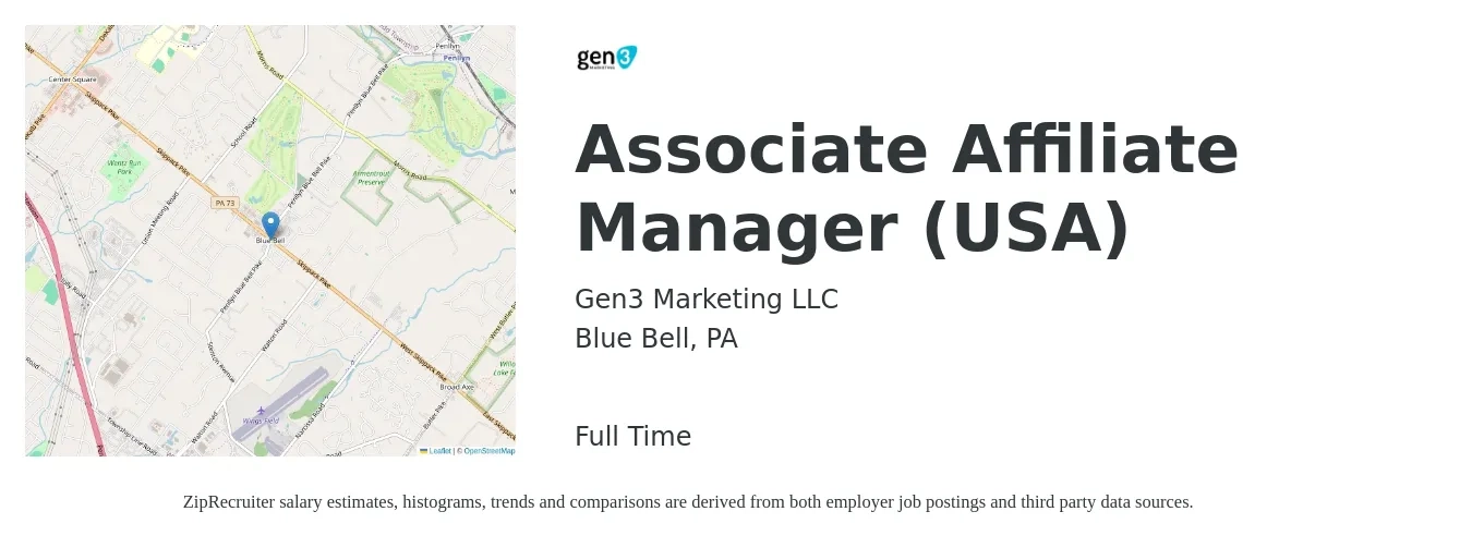 Gen3 Marketing LLC job posting for a Associate Affiliate Manager (USA) in Blue Bell, PA with a salary of $54,500 to $60,700 Yearly with a map of Blue Bell location.