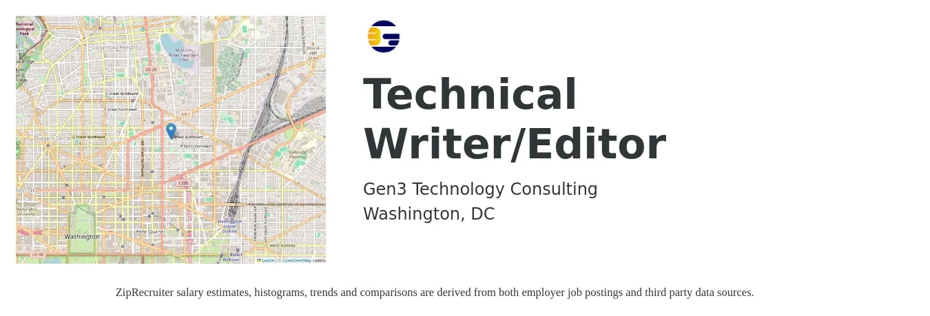 Gen3 Technology Consulting job posting for a Technical Writer/Editor in Washington, DC with a salary of $34 to $56 Hourly with a map of Washington location.