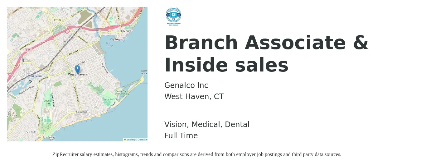 Genalco Inc job posting for a Branch Associate & Inside sales in West Haven, CT with a salary of $18 to $27 Hourly and benefits including life_insurance, medical, pto, retirement, vision, and dental with a map of West Haven location.