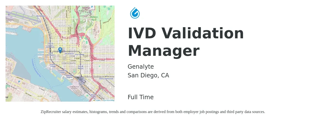 Genalyte job posting for a IVD Validation Manager in San Diego, CA with a salary of $100,000 to $150,000 Yearly with a map of San Diego location.