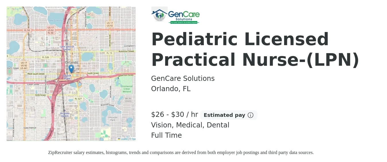 GenCare Solutions job posting for a Pediatric Licensed Practical Nurse-(LPN) in Orlando, FL with a salary of $28 to $32 Hourly and benefits including vision, dental, life_insurance, medical, pto, and retirement with a map of Orlando location.