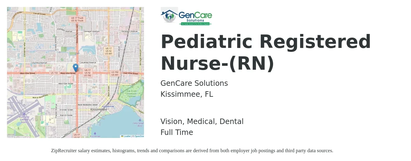 GenCare Solutions job posting for a Pediatric Registered Nurse-(RN) in Kissimmee, FL with a salary of $1,310 to $2,400 Weekly and benefits including dental, life_insurance, medical, pto, retirement, and vision with a map of Kissimmee location.