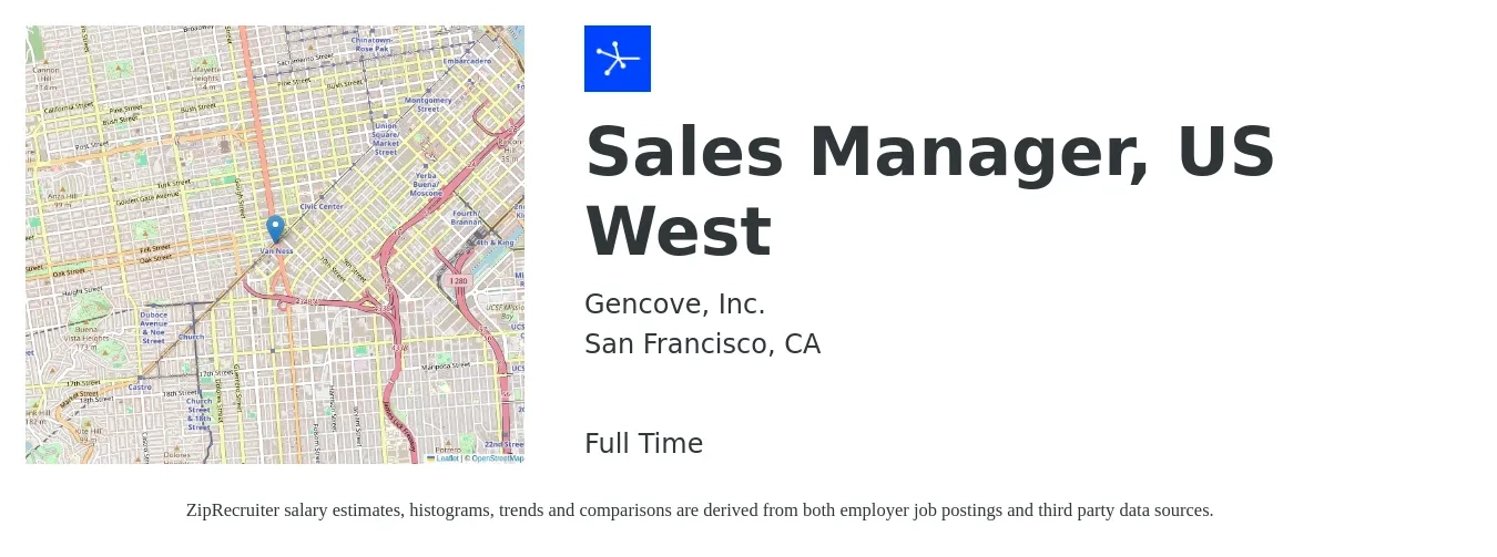 Gencove, Inc. job posting for a Sales Manager, US West in San Francisco, CA with a salary of $135,000 to $150,000 Yearly with a map of San Francisco location.