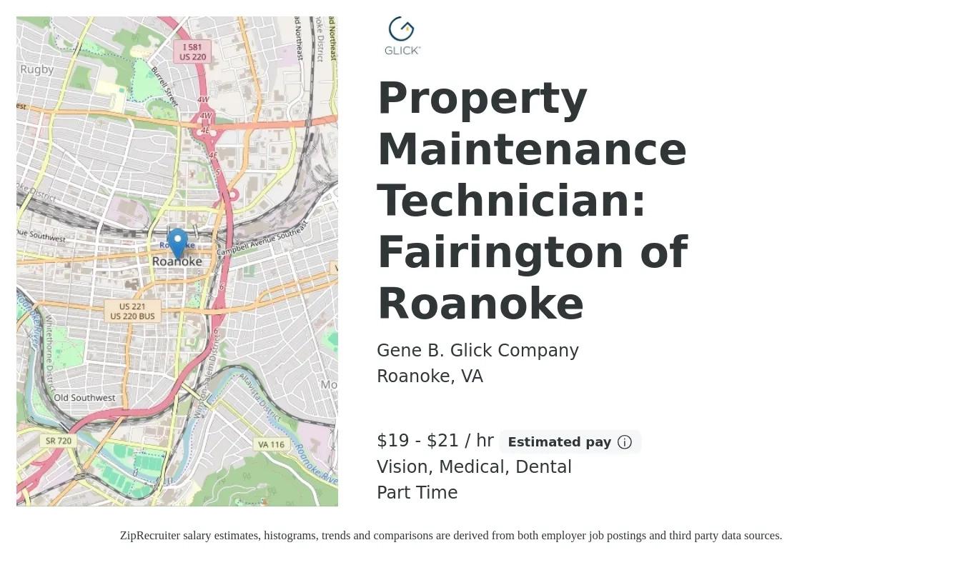 Gene B. Glick Company job posting for a Property Maintenance Technician: Fairington of Roanoke in Roanoke, VA with a salary of $20 to $22 Hourly and benefits including dental, life_insurance, medical, pto, retirement, and vision with a map of Roanoke location.