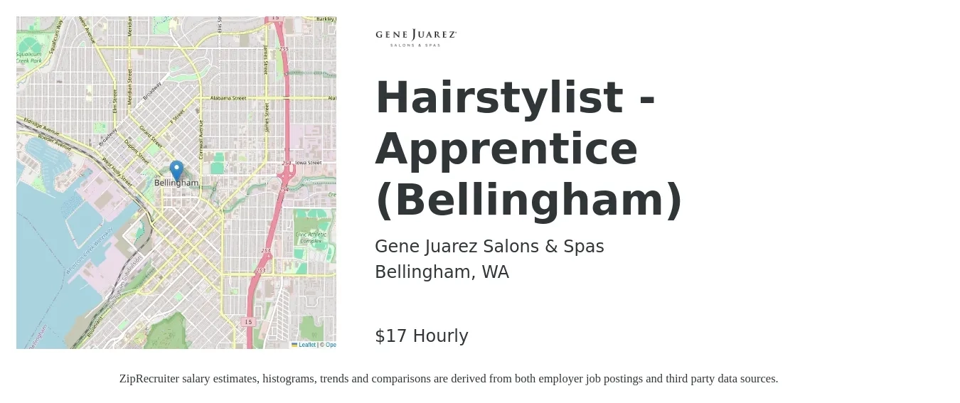 Gene Juarez Salons & Spas job posting for a Hairstylist - Apprentice (Bellingham) in Bellingham, WA with a salary of $18 Hourly with a map of Bellingham location.
