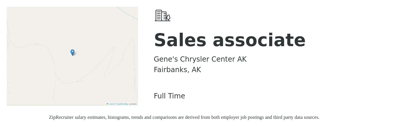 Gene's Chrysler Center AK job posting for a Sales associate in Fairbanks, AK with a salary of $14 to $20 Hourly with a map of Fairbanks location.