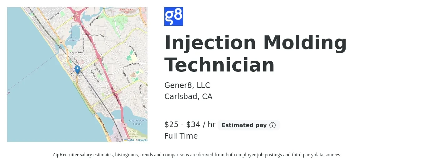 Gener8, LLC job posting for a Injection Molding Technician in Carlsbad, CA with a salary of $27 to $36 Hourly with a map of Carlsbad location.
