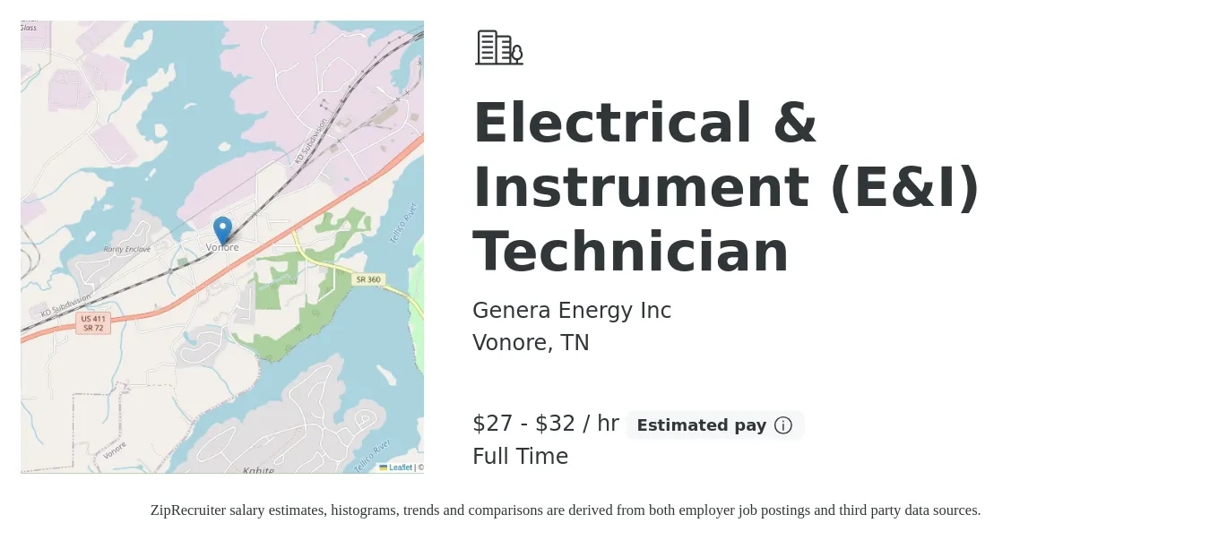 Genera Energy Inc job posting for a Electrical & Instrument (E&I) Technician in Vonore, TN with a salary of $29 to $34 Hourly with a map of Vonore location.