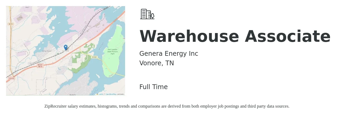 Genera Energy Inc job posting for a Warehouse Associate in Vonore, TN with a salary of $18 to $20 Hourly with a map of Vonore location.