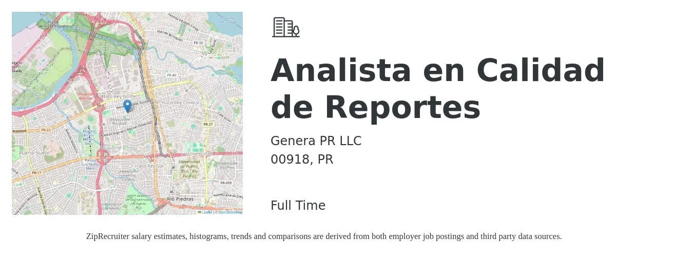 Genera PR LLC job posting for a Analista en Calidad de Reportes in 00918, PR with a salary of $28,900 to $39,300 Yearly with a map of 00918 location.