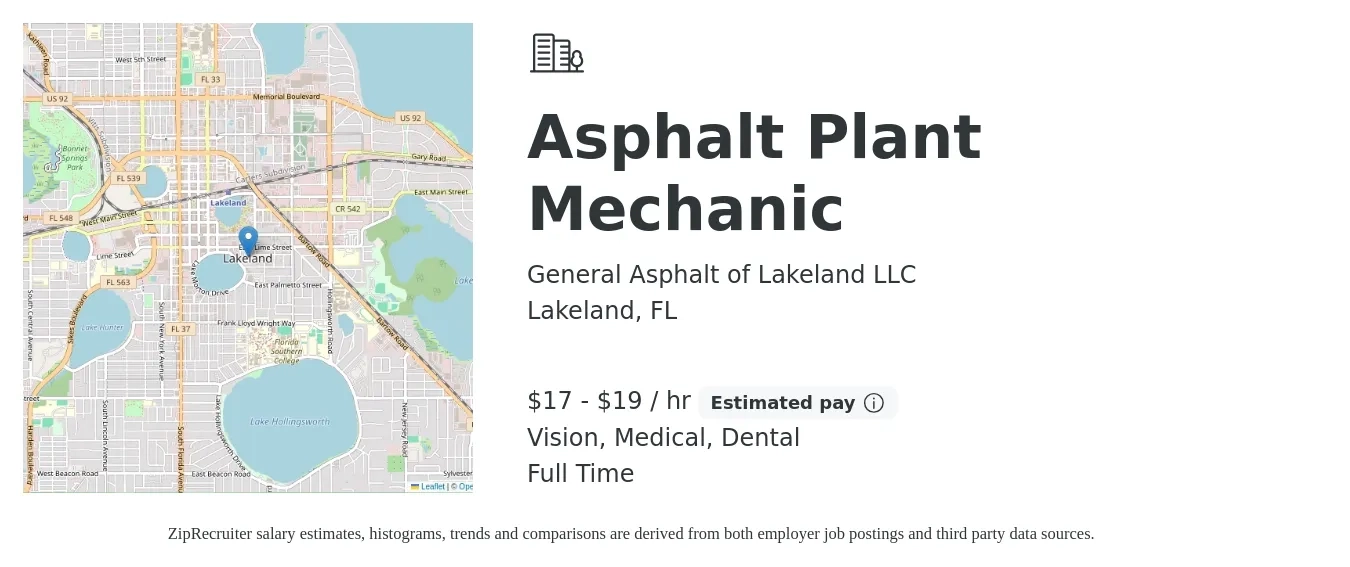 General Asphalt of Lakeland LLC job posting for a Asphalt Plant Mechanic in Lakeland, FL with a salary of $18 to $20 Hourly and benefits including life_insurance, medical, retirement, vision, and dental with a map of Lakeland location.