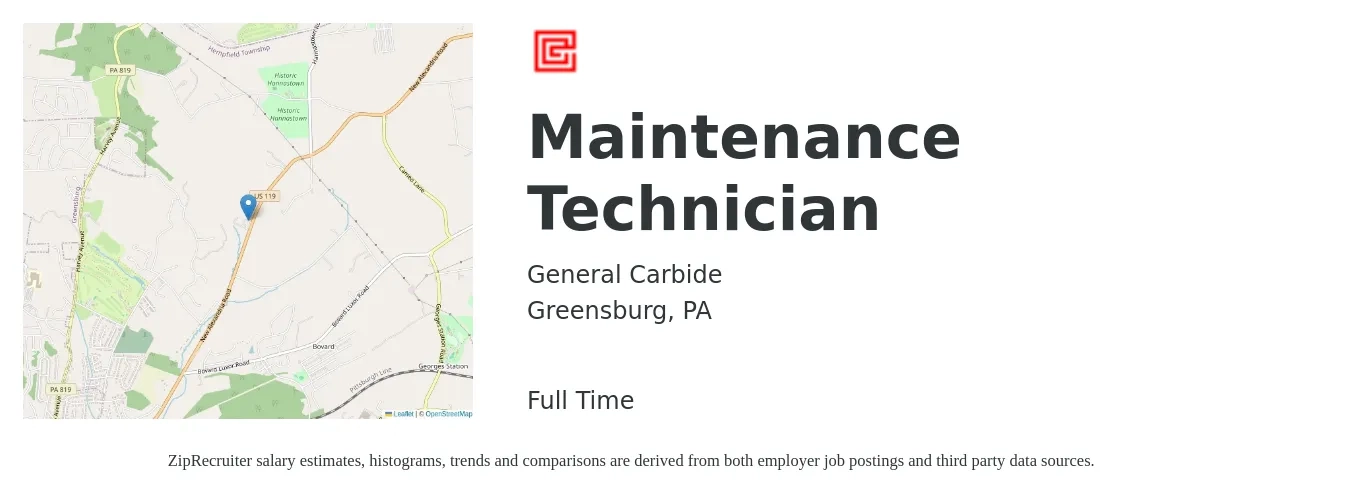 General Carbide job posting for a Maintenance Technician in Greensburg, PA with a salary of $18 to $24 Hourly with a map of Greensburg location.