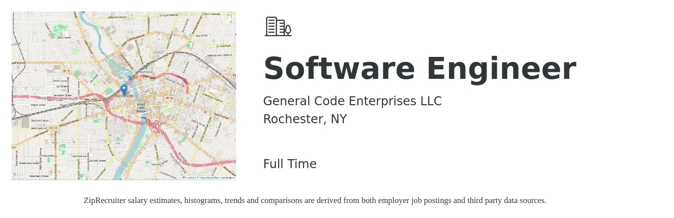 General Code Enterprises LLC job posting for a Software Engineer in Rochester, NY with a salary of $118,500 to $170,800 Yearly with a map of Rochester location.