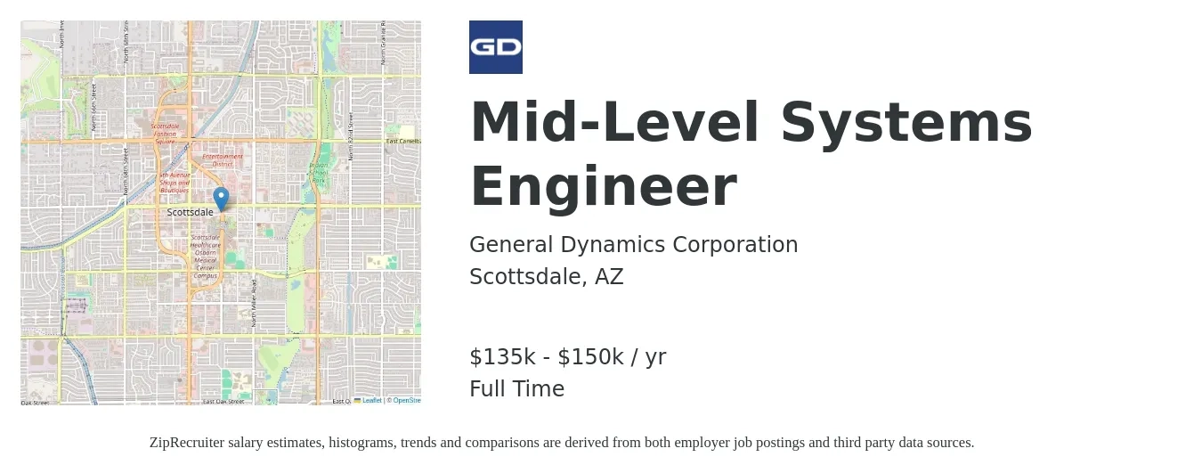 General Dynamics Corporation job posting for a Mid-Level Systems Engineer in Scottsdale, AZ with a salary of $135,775 to $150,625 Yearly with a map of Scottsdale location.