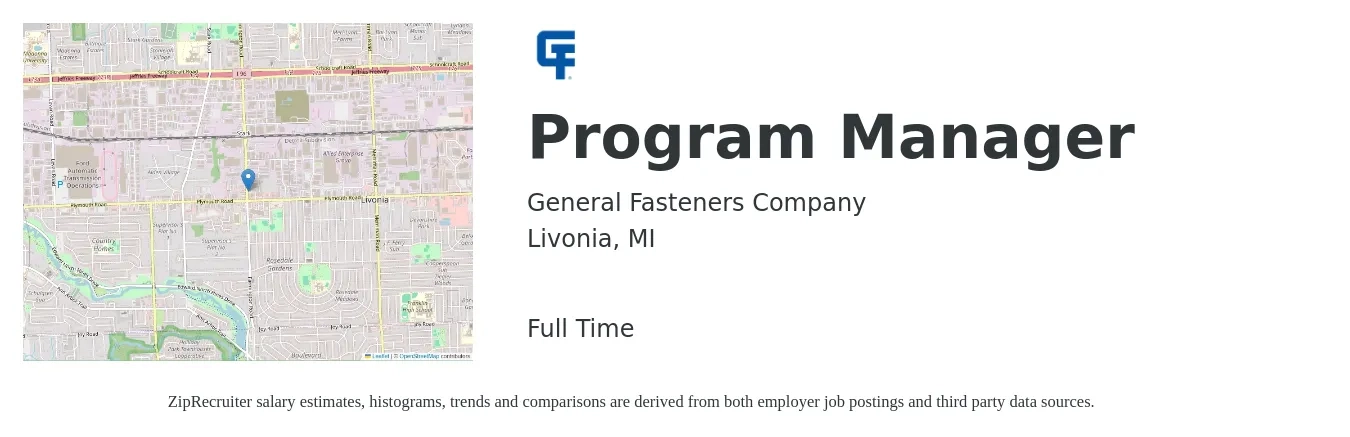 General Fasteners Company job posting for a Program Manager in Livonia, MI with a salary of $70,300 to $117,200 Yearly with a map of Livonia location.