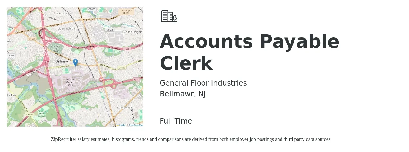 General Floor Industries job posting for a Accounts Payable Clerk in Bellmawr, NJ with a salary of $18 to $23 Hourly with a map of Bellmawr location.