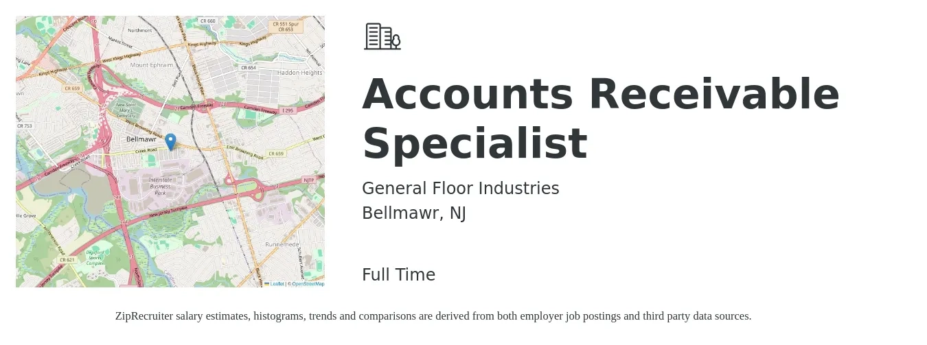 General Floor Industries job posting for a Accounts Receivable Specialist in Bellmawr, NJ with a salary of $20 to $26 Hourly with a map of Bellmawr location.