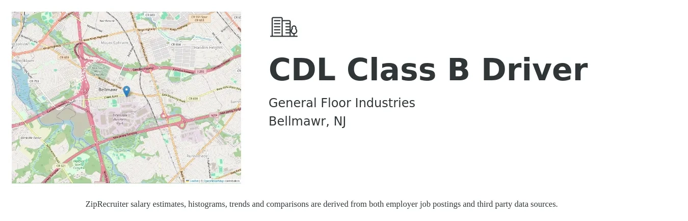 General Floor Industries job posting for a CDL Class B Driver in Bellmawr, NJ with a salary of $20 to $26 Hourly with a map of Bellmawr location.