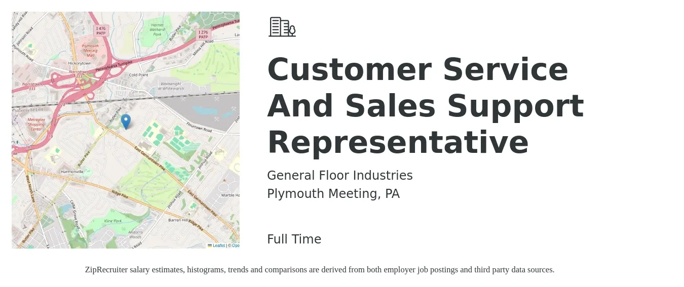 General Floor Industries job posting for a Customer Service And Sales Support Representative in Plymouth Meeting, PA with a salary of $18 to $27 Hourly with a map of Plymouth Meeting location.