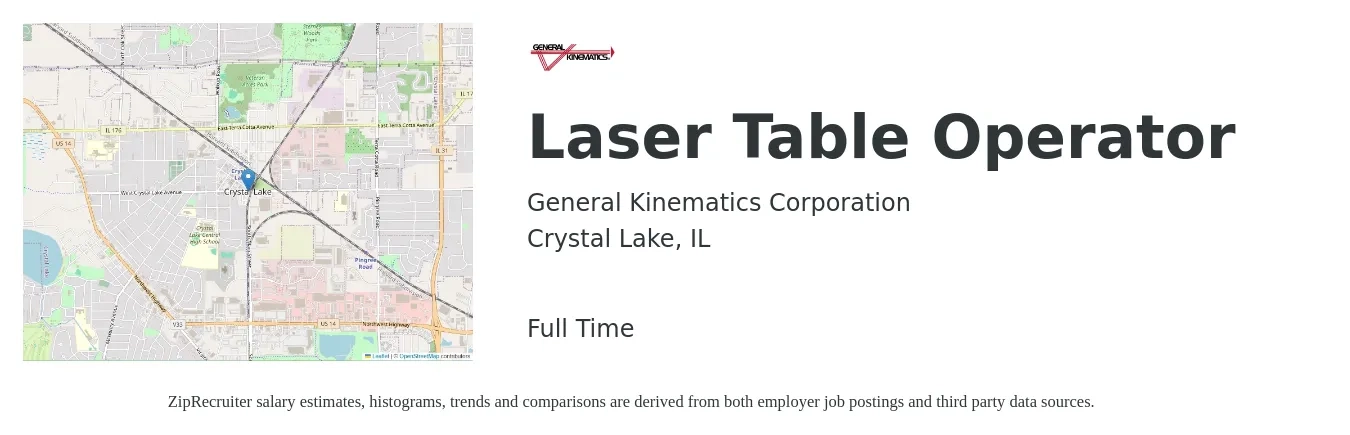 General Kinematics Corporation job posting for a Laser Table Operator in Crystal Lake, IL with a salary of $17 to $22 Hourly with a map of Crystal Lake location.
