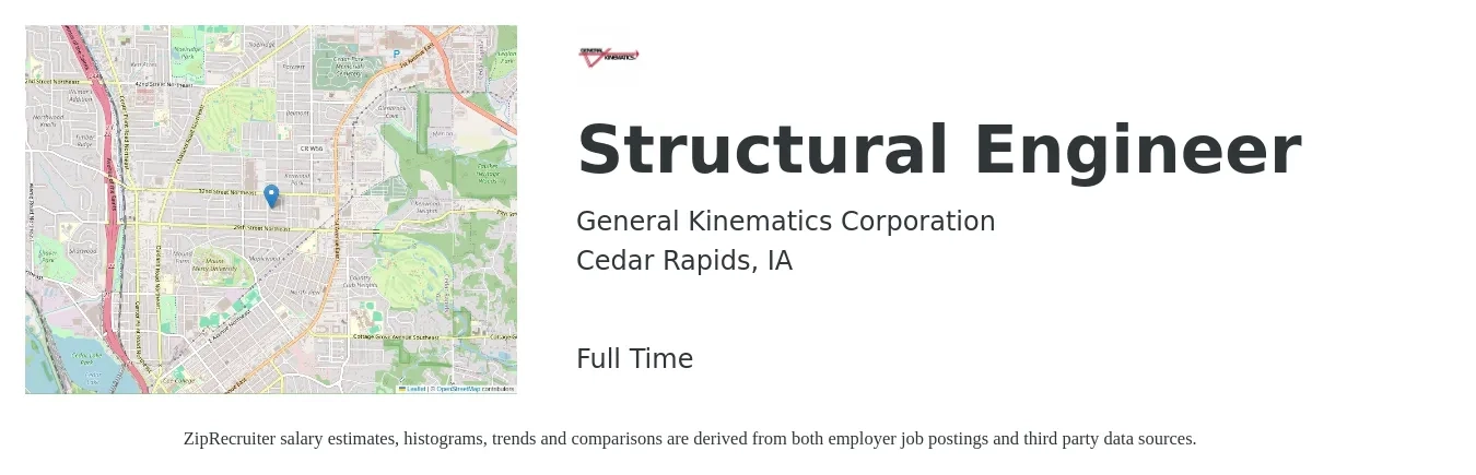 General Kinematics Corporation job posting for a Structural Engineer in Cedar Rapids, IA with a salary of $78,600 to $111,000 Yearly with a map of Cedar Rapids location.