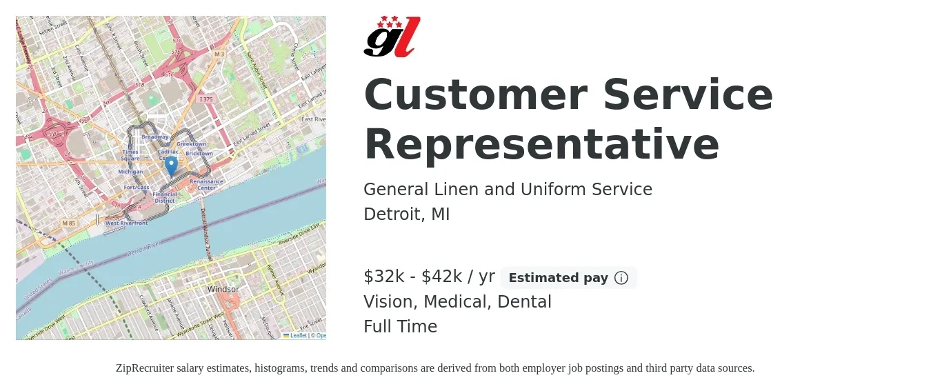 General Linen and Uniform Service job posting for a Customer Service Representative in Detroit, MI with a salary of $32,000 to $42,000 Yearly and benefits including vision, dental, life_insurance, and medical with a map of Detroit location.