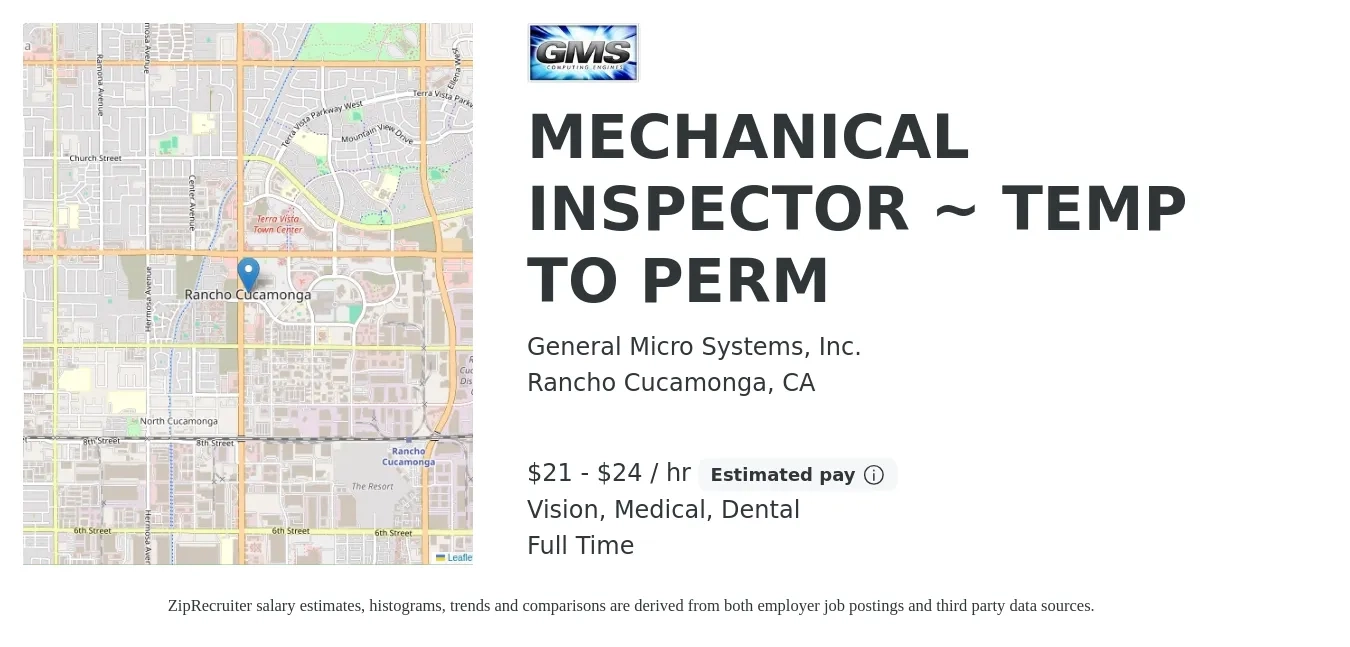 General Micro Systems, Inc. job posting for a MECHANICAL INSPECTOR ~ TEMP TO PERM in Rancho Cucamonga, CA with a salary of $22 to $26 Hourly and benefits including retirement, vision, dental, life_insurance, medical, and pto with a map of Rancho Cucamonga location.
