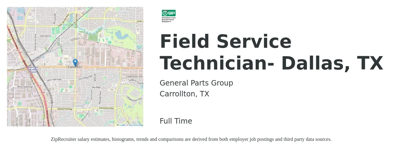 General Parts Group job posting for a Field Service Technician- Dallas, TX in Carrollton, TX with a salary of $19 to $29 Hourly with a map of Carrollton location.