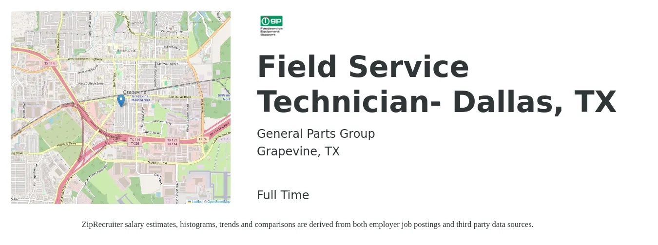 General Parts Group job posting for a Field Service Technician- Dallas, TX in Grapevine, TX with a salary of $18 to $28 Hourly with a map of Grapevine location.