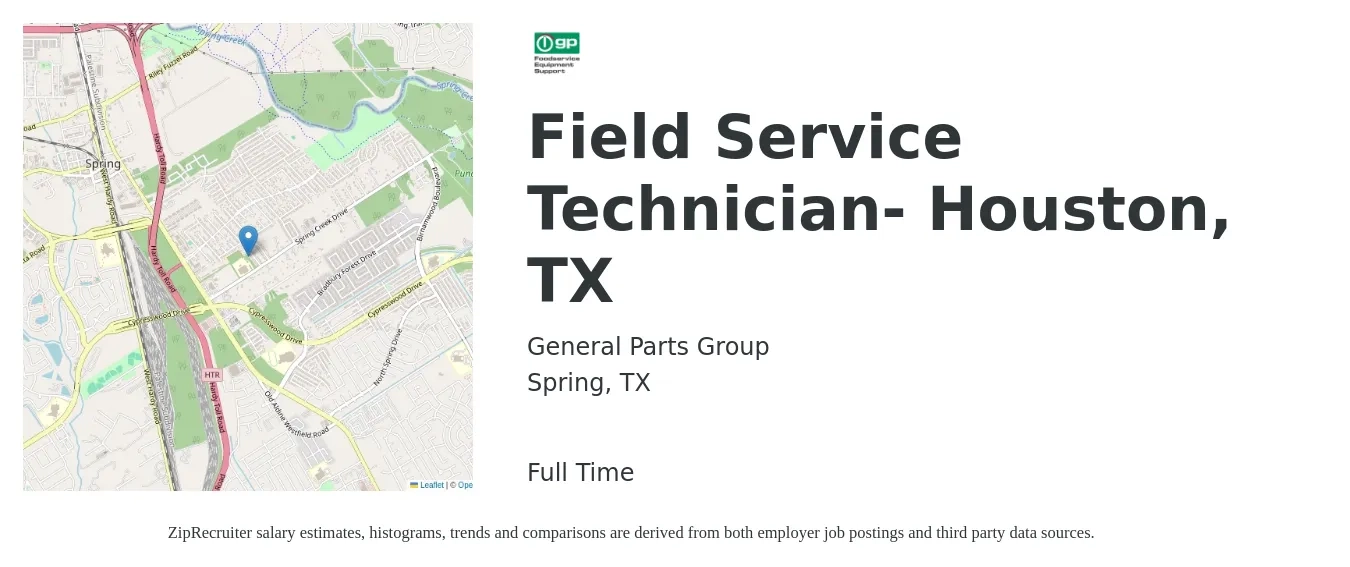 General Parts Group job posting for a Field Service Technician- Houston, TX in Spring, TX with a salary of $18 to $26 Hourly with a map of Spring location.