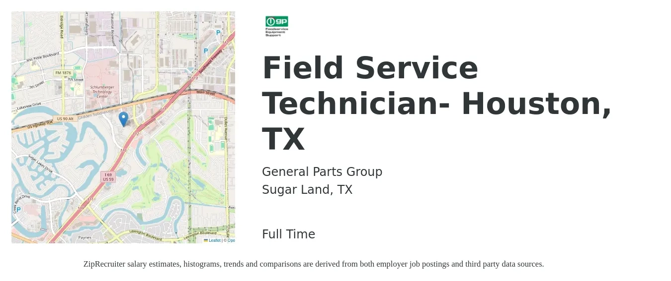 General Parts Group job posting for a Field Service Technician- Houston, TX in Sugar Land, TX with a salary of $18 to $27 Hourly with a map of Sugar Land location.