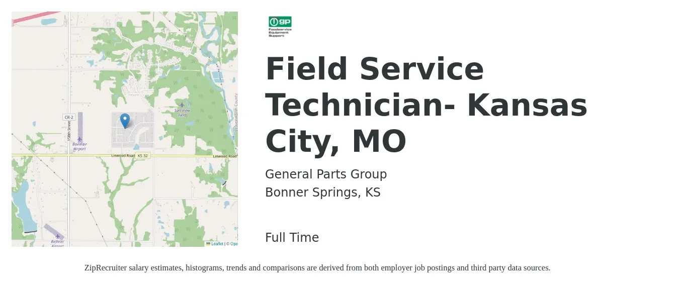 General Parts Group job posting for a Field Service Technician- Kansas City, MO in Bonner Springs, KS with a salary of $19 to $29 Hourly with a map of Bonner Springs location.