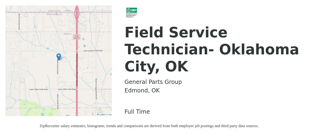 General Parts Group job posting for a Field Service Technician- Oklahoma City, OK in Edmond, OK with a salary of $18 to $27 Hourly with a map of Edmond location.