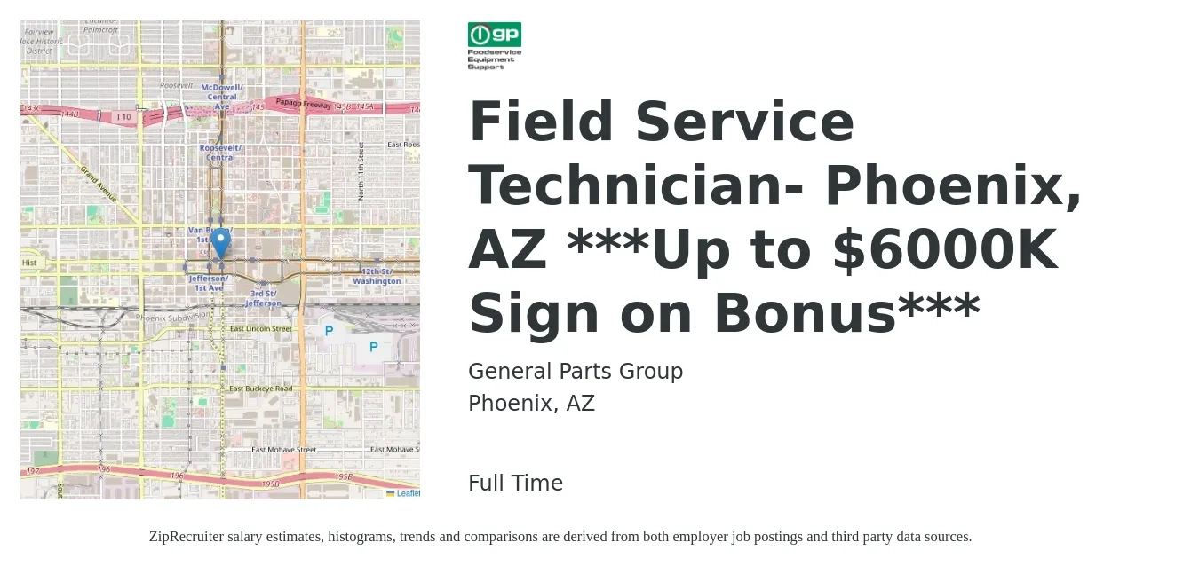 General Parts Group job posting for a Field Service Technician- Phoenix, AZ ***Up to $6000K Sign on Bonus*** in Phoenix, AZ with a salary of $20 to $30 Hourly with a map of Phoenix location.