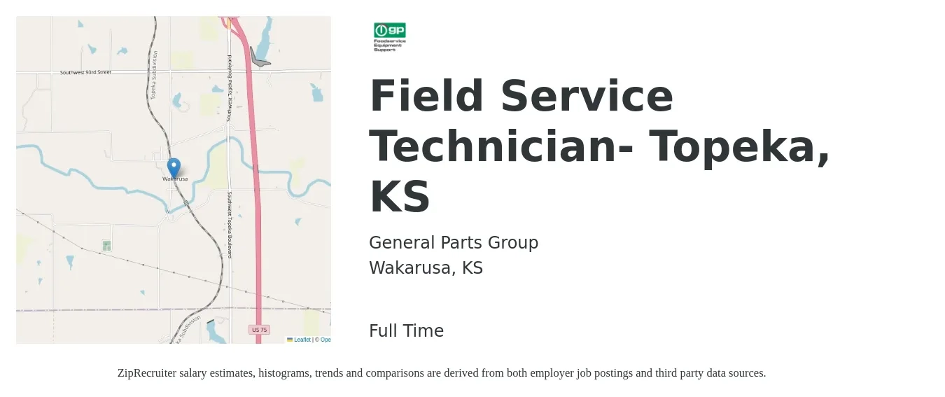General Parts Group job posting for a Field Service Technician- Topeka, KS in Wakarusa, KS with a salary of $19 to $28 Hourly with a map of Wakarusa location.