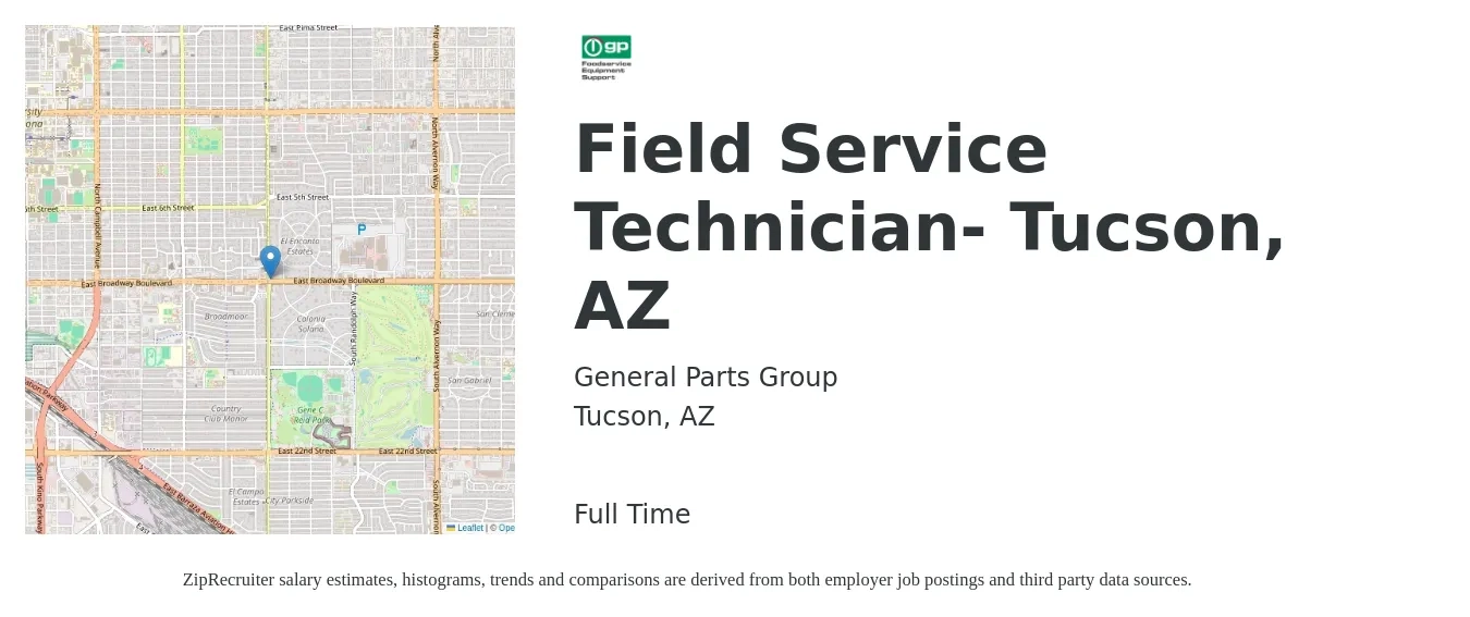 General Parts Group job posting for a Field Service Technician- Tucson, AZ in Tucson, AZ with a salary of $19 to $28 Hourly with a map of Tucson location.