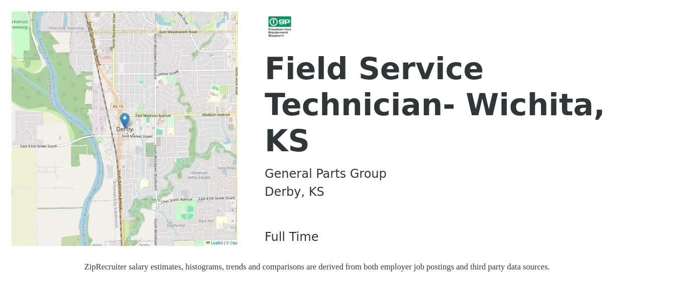 General Parts Group job posting for a Field Service Technician- Wichita, KS in Derby, KS with a salary of $18 to $27 Hourly with a map of Derby location.