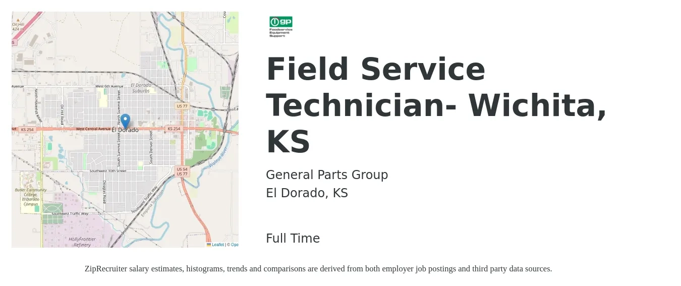 General Parts Group job posting for a Field Service Technician- Wichita, KS in El Dorado, KS with a salary of $17 to $25 Hourly with a map of El Dorado location.