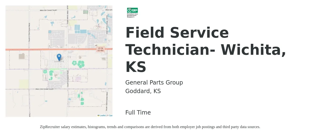 General Parts Group job posting for a Field Service Technician- Wichita, KS in Goddard, KS with a salary of $20 to $30 Hourly with a map of Goddard location.