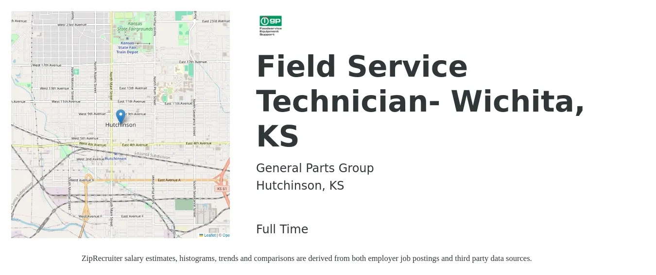 General Parts Group job posting for a Field Service Technician- Wichita, KS in Hutchinson, KS with a salary of $17 to $26 Hourly with a map of Hutchinson location.