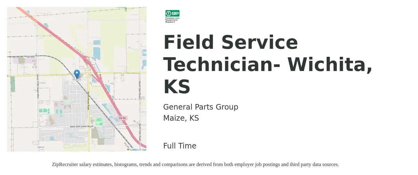 General Parts Group job posting for a Field Service Technician- Wichita, KS in Maize, KS with a salary of $17 to $25 Hourly with a map of Maize location.