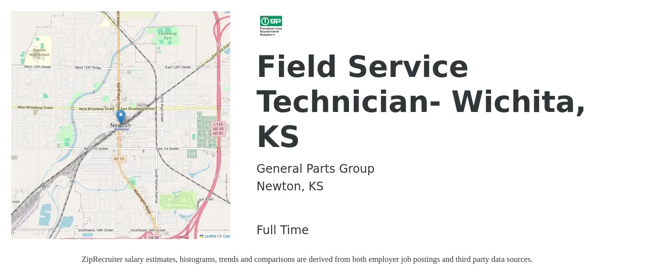 General Parts Group job posting for a Field Service Technician- Wichita, KS in Newton, KS with a salary of $18 to $26 Hourly with a map of Newton location.