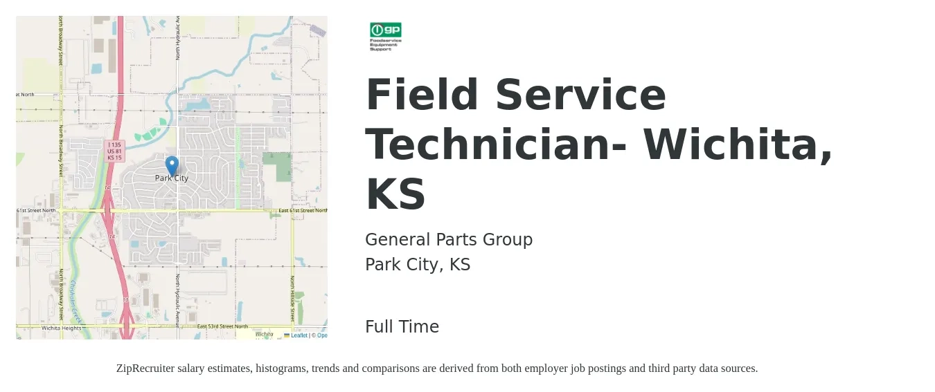 General Parts Group job posting for a Field Service Technician- Wichita, KS in Park City, KS with a salary of $20 to $29 Hourly with a map of Park City location.