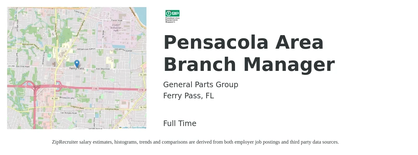 General Parts Group job posting for a Pensacola Area Branch Manager in Ferry Pass, FL with a salary of $49,800 to $75,100 Yearly with a map of Ferry Pass location.